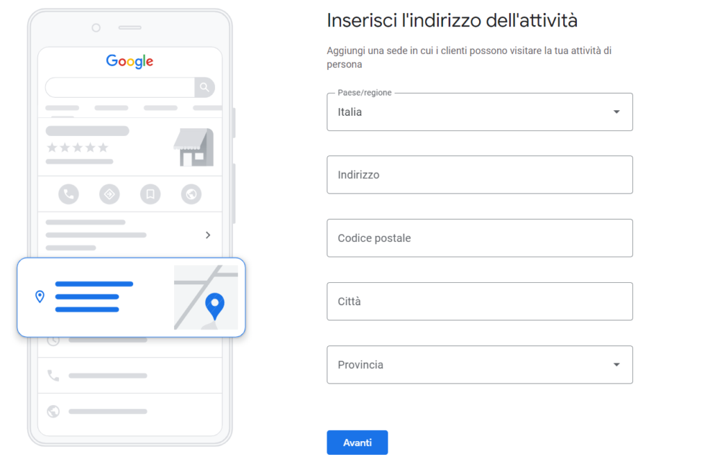 Google My Business - Indirizzo dell'attività