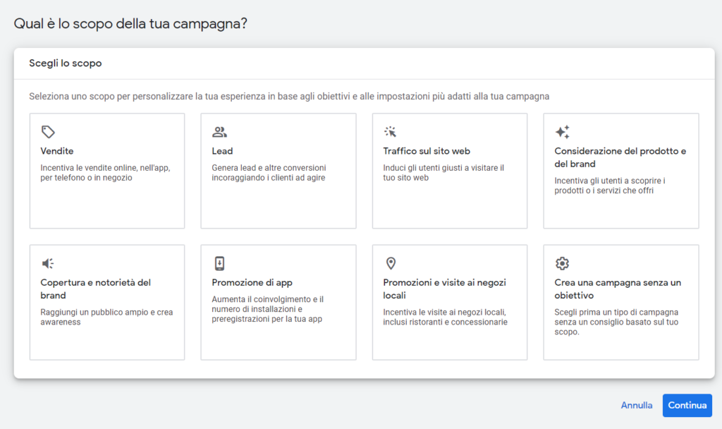 Google Ads obiettivo campagna